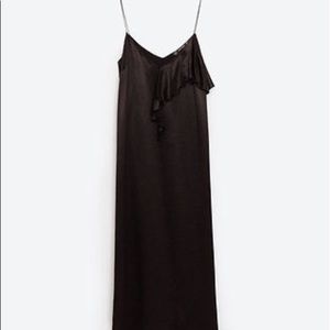 ZARA Black Satin Mid-Calf Dress with Front Frill